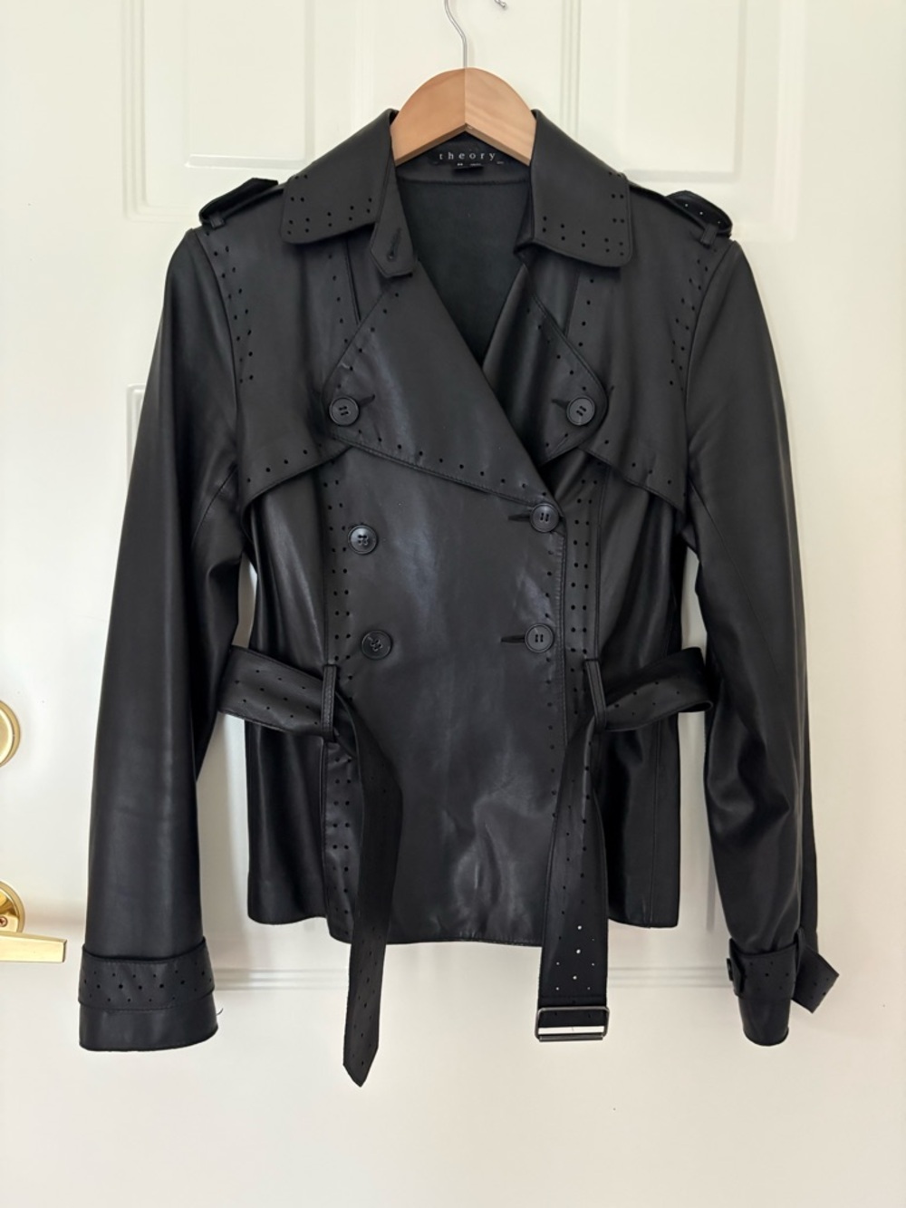 Theory Black Leather Double-Breasted Trench Jacket